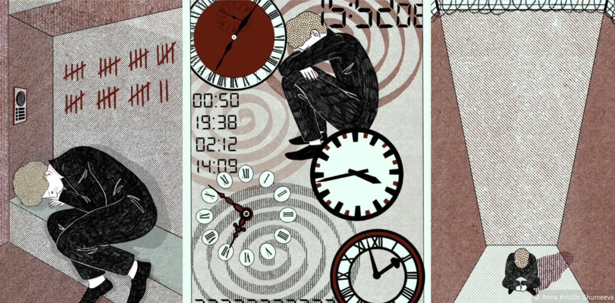 Illustration zum Thema Einzelhaft mit einer gebeugten Person in einer Zelle und verschiedenen Uhren