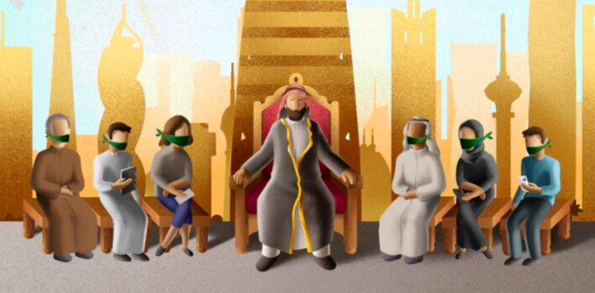 Das Bild zeigt eine Illustration: in der Mitte sitzt eine Person, auf einer Art Thron, daneben weitere Personen, die geknebelt sind.