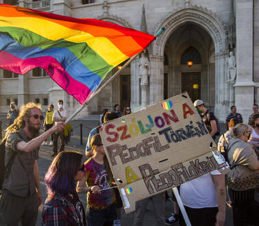 Das Bild zeigt Demonstrant_innen mit Regenbogenfahnen und Plakaten.