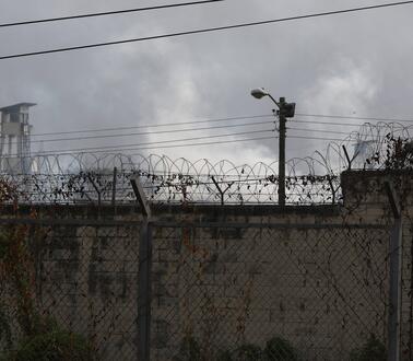 Das Foto zeigt einen mit Stacheldraht versehenen Zaun vor einer Mauer, dahinter stehen Wachtürme.