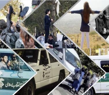 Collage mit mehreren Fotos, die unter anderem demonstrierende Frauen ohne Kopftuch zeigen, aber auch Sicherheitskräfte in Polizeifahrzeugen.