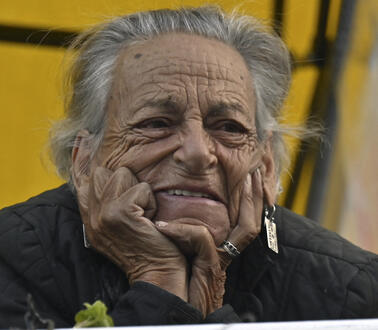 Das Foto zeigt eine alte Frau, die leicht lächelt und den Kopf in beide Hände legt.