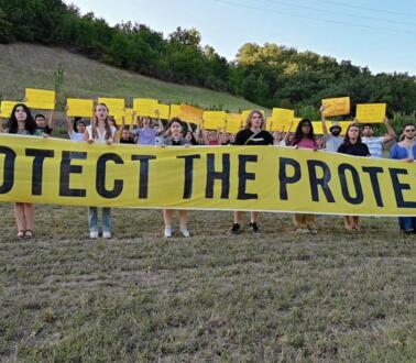 Eine Gruppe von jungen Menschen steht auf einer Wiese, die vorderen halten ein sehr langes großes gelbes Banner mit der schwarzen Aufschrift "Protect the Protest" vor sich, die anderen dahinter halten kleine gelber Schilder mit weiteren Aufschriften hoch. 