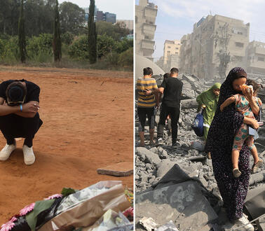Das Bild zeigt eine Collage: Links eine Person, die am Boden kauert. Rechts eine Mutter, die ihr Kind trägt - im Hintergrund ist ein zerstörtes Haus zu sehen