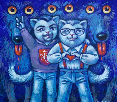 Ein Gemälde, das zwei Katzen in Menschengestalt darstellt, hinter ihnen drei Wölfe mit riesigen Augen, die ihre Zunge heraushängen lassen.