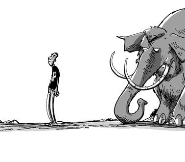 Comiczeichnung von einem Mammut und einem lächelnden schlaksigen Mann.