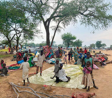 Flüchtlinge unter freiem Himmel. Männer, Frauen und Kinder campieren unter Bäumen, der Boden ist sandig, an manchen Stellen grasbewachsen. Im Hintergrund Zelte. Menschen hocken und stehen auf einer Plane. 