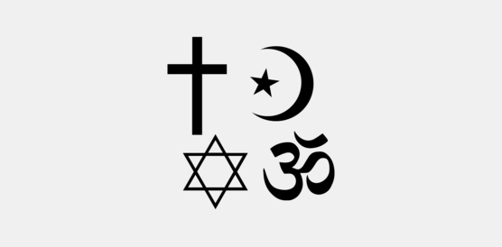 Zeichnung von Symbolen der Religionen Christentum, Islam, Judentum und Hinduismus