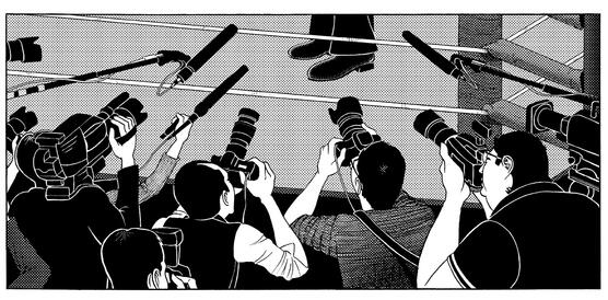 Journalisten vor einem Boxring