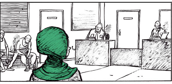 Szene aus Graphic Novel zeigt eine Frau mit grünem Kopftuch in einer Behörde