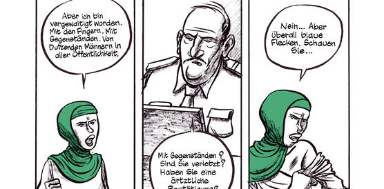 Szene aus Graphic Novel zeigt eine Frau mit grünem Kopftuch im Gespräch mit einem Polizisten