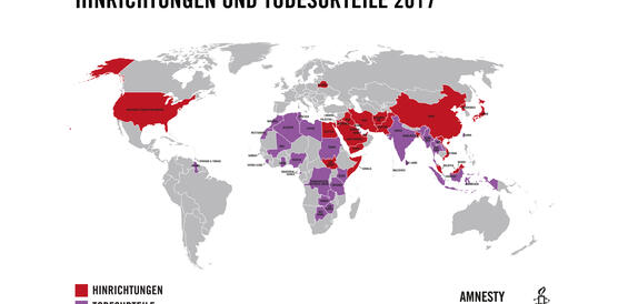 Weltkarte: Staaten, in denen 2017 Hinrichtungen passierten, sind rot eingefärbt, Staaten, in denen 2017 Todesurteile verhängt wurden, sind lila eingefärbt