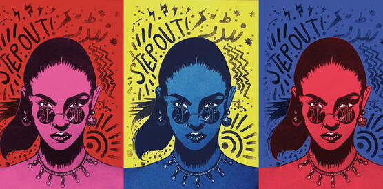 Drei gezeichnete Portraits einer Frau nebeneinander in bunten Farben