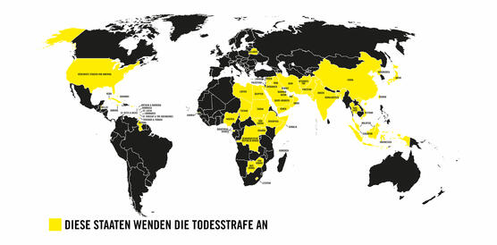 Weltkarte, in der Länder ohne Todesstrafe schwarz und Länder mit Todesstrafe gelb eingezeichnet sind