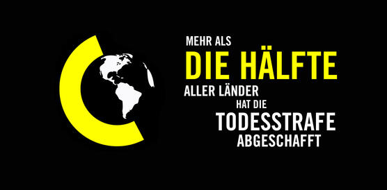 Grafik "Mehr als die Hälfte aller Länder hat die Todesstrafe abgeschafft", Zeichnung einer Weltkugel und eines Halbkreises in schwarz, gelb und weiß