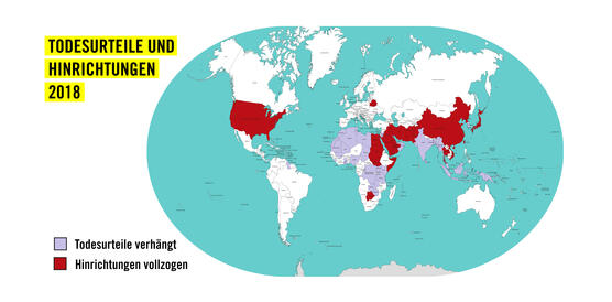 Weltkarte, in der Staaten, in denen 2018 Todesurteile verhängt wurden, lila eingefärbt sind, und Staaten, in denen Hinrichtungen vollzogen wurden, rot eingefärbt sind 