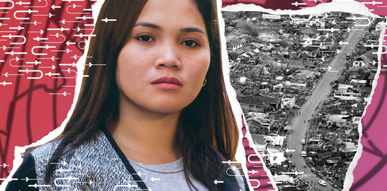 Collage mit: Porträt einer jungen Frau. Im Hintergrund ist ein Foto einer Gemeinde von oben.