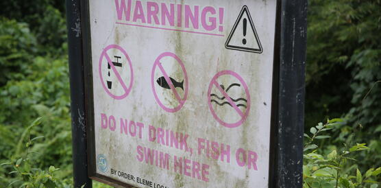 Weißes lädiertes Schild mit pinker Schrift und einem Ausrufezeichen in einem Dreieck, inmitten grüner Pflanzen. Text auf dem Schild: "Warning! Do not drink, fish or swim here"