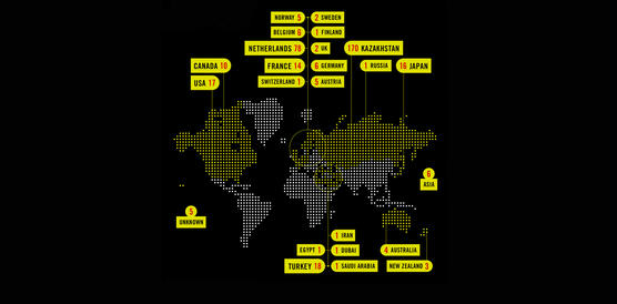 Grafik einer Weltkarte, in die folgenden Länder gelb eingefärbt und benannt sind: Kanada, USA, Norwegen, Belgien, Niederlande, Frankreich, Schweiz, Schweden, Finnland, Großbritannien, Deutschland, Österreich, Ägypten, Türkei, Iran, Dubai, Saudi Arabien, Kasachstan, Russland, Japan, Australien und Neuseeland