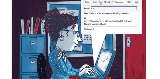 Zeichnung einer Frau am Schreibtisch, die an einem Laptop arbeitet. Vergrößert sieht man die Phishing-E-Mail, die sie gerade verschickt.
