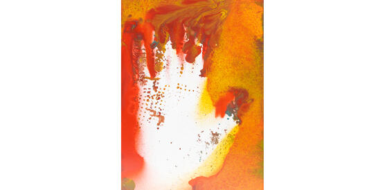 Auf einem Bild der Künstlerin Katharina Grosse, leuchte in warmem Rot, in Orange und Gelb Farben rund um eine weiße Hand, die als Negativ-Abdruck durch Spraytechnik erzeugt wurde.