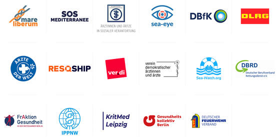 Logos der unterzeichnenden Organisationen des Appells "Leben retten – hier und überall"