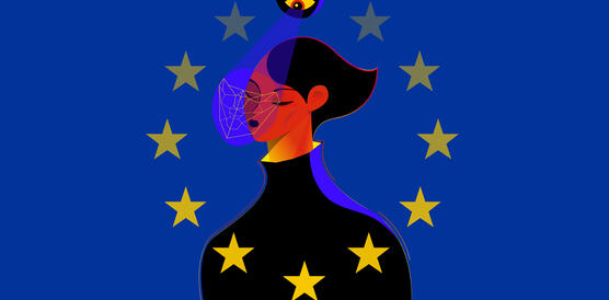 Zeichnung einer Frau, die eingekreist wird von dem Sternen-Kreis der EU-Flagge. Anstelle des Sterns ganz oben ist eine Überwachungskamera zu sehen, die das Gesicht der Frau scannt