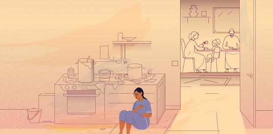 Illustration einer Frau, die in einer Küche auf dem Boden sitzt. Im Hintergrund ist eine Familie am Esstisch abgebildet.