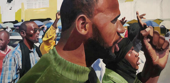 Gemälde eines mittelalten schwarzen Mannes mit kurzgeschorenem Haar, der in einer Menschenmenge steht, die linke Hand zur Faust ballt und etwas ruft.