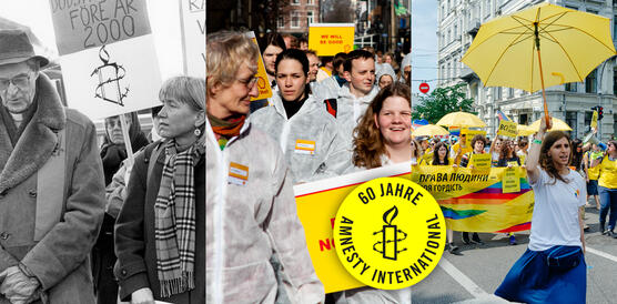 Drei Fotos aus verschiedenen Jahrzehnten (grau, sepia, bunt), auf denen jeweils Amnesty-Aktivist_innen demonstrieren + ein gelber Kreis mit Amnesty-Logo und Schrift "60 Jahre Amnesty International"