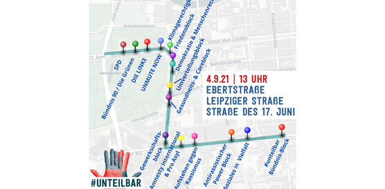 Stadtplan, der einen Umkreis des Berliner Alexanderplatz zeigt, sowie den Demo-Zug mit der Blockaufstellung