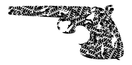 Abbildung eines Revolvers, die sich zusammensitzt aus Motiven, die sich wie Schuppen übereinander legen.