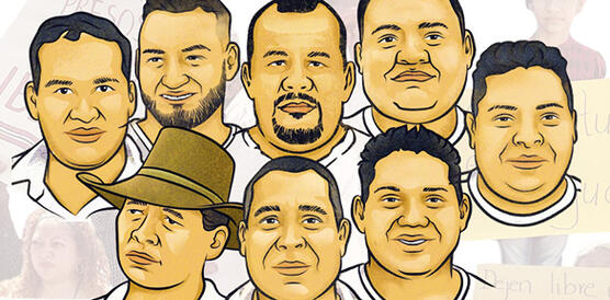 Das Bild zeigt eine Illustration mit acht Männer-Porträts