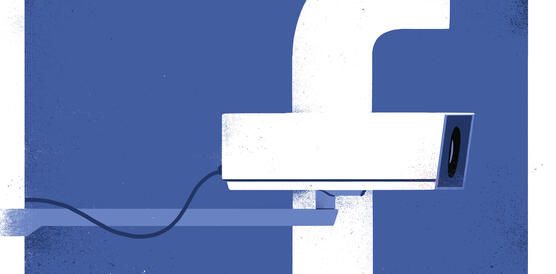 Illustration des Facebook-Logos, bei dem der Querstrich des "f" durch eine Kamera dargestellt wird.