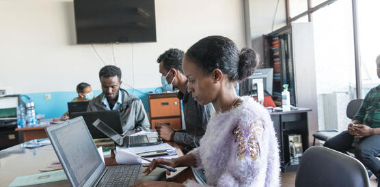 Mitarbeitende des EHRCO sitzen in ihrem Büro in Addis Abeba und arbeiten am Schreibtisch; eine Person trägt einen Mundnasenschutz.