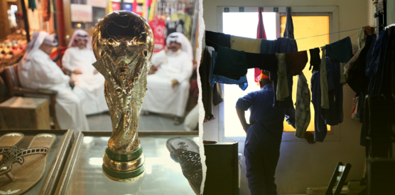 Zwei Bilder: Im Vordergrund eine Replik des FIFA WM Pokal für die WM Katar 2022, im Hintergrund drei Männer in Dischdaschas gekleidet. // In einem dunklen Raum, in dem Wäscheleinen mit Wäsche hängen, schaut ein Mann mit dem Rücken zum Fotografen stehend aus dem Fenster. Das Foto wurde in einer Unterkunft für Arbeitsmigrant*innen in Katar aufgenommen, die dort für die WM Katar 2022 arbeiten.