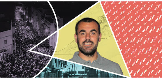Collage aus mehreren Fotos, darunter ein Porträt von Nasser Zefzafi und eine Straßenszene.