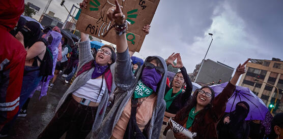 Das Bild zeigt mehrere Personen, die demonstrieren und protestieren. Sie rufen und halten Protestschilder in der Hand