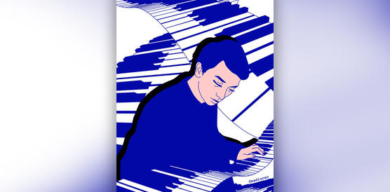 Die Illustration zeigt ein gezeichnetes Foto von Yashar im Profil, wie er an einem Klavier sitzt.