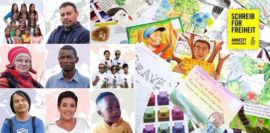 Das Foto besteht aus einer Collage mit acht Fotos von Einzelpersonen und Gruppen auf der linken Seite und der Aufnahme von einem Haufen Briefen und Solidaritätsnachrichten auf der rechten Seite.