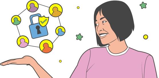 Die Illustration zeigt eine Frau, deren Handfläche nach oben zeigt. Darüber schwebt eine Visualisierung eines Schlosses, mit Personenporträts