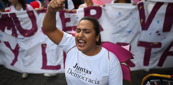 Eine Frau protestiert leidenschaftlich mit geschlossenen Augen und erhobener rechter Faust. Sie trägt ein weißes T-Shirt mit der schwarzen Aufschrift „Juntas POR LA Democracia“ sowie pinkfarbene Flügel auf dem Rücken. Im unscharfen Hintergrund marschiert eine Menschenmenge, die ein großes weißes Banner mit violetten Buchstaben trägt.