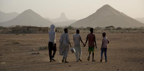 Aufnahme von fünf Kinder und Jugendlichen von hinten. SIe gehen nebeneinander in einer kargen Landschaft.