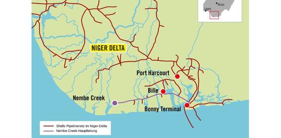 Karte von Nigeria mit eingezeichneten Ölpipelines