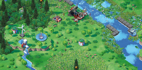Screenshot einer Landschaft in einem Computerspiel mit Grasflächen, einem Flusslauf und Bäumen.