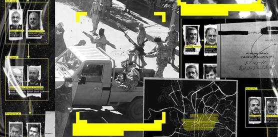 Die Collage zeigt unter anderem bewaffnete Sicherheitskräfte auf einem Jeep und Porträtfotos von Männern in Uniform.