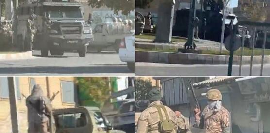 Collage bestehend aus vier Fotos, die unter anderem gepanzerte Fahrzeuge zeigen oder bewaffnete unformierte Männer auf der Ladefläche eines Jeeps.