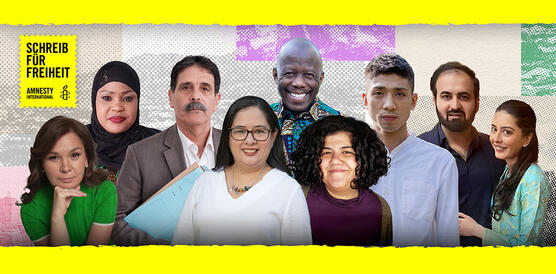 Collage bestehend aus den Porträtfotos von neun Personen. Oben links ist eine Briefmarke mit Amnesty-Logo abgebildet. Auf ihr steht: "Schreib für Freiheit".