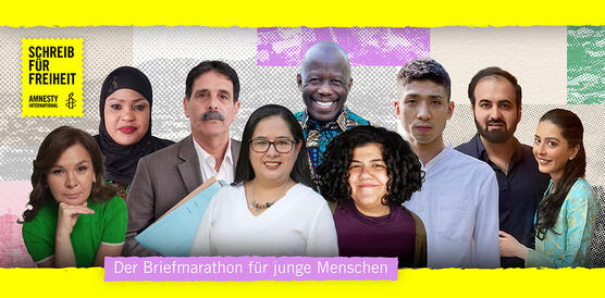 Collage bestehend aus Fotos von neun Personen mit dem Schrifzug "Der Briefmarathon für junge Menschen". Oben links ist eine Briefmarke mit Amnesty-Logo platziert, auf der steht: "Schreib für Freiheit"