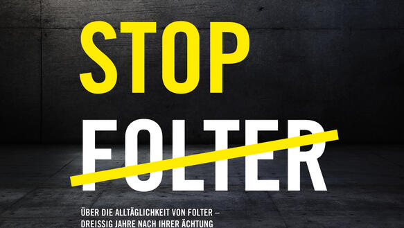 Journal Titelbild: Grafik eines schwarzen Raums mit dem Titel "Stop Folter"